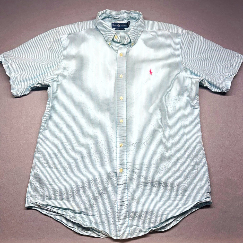 Ralph Lauren Men's L Blue/White Striped Classic Fit Button-Down, Pockets